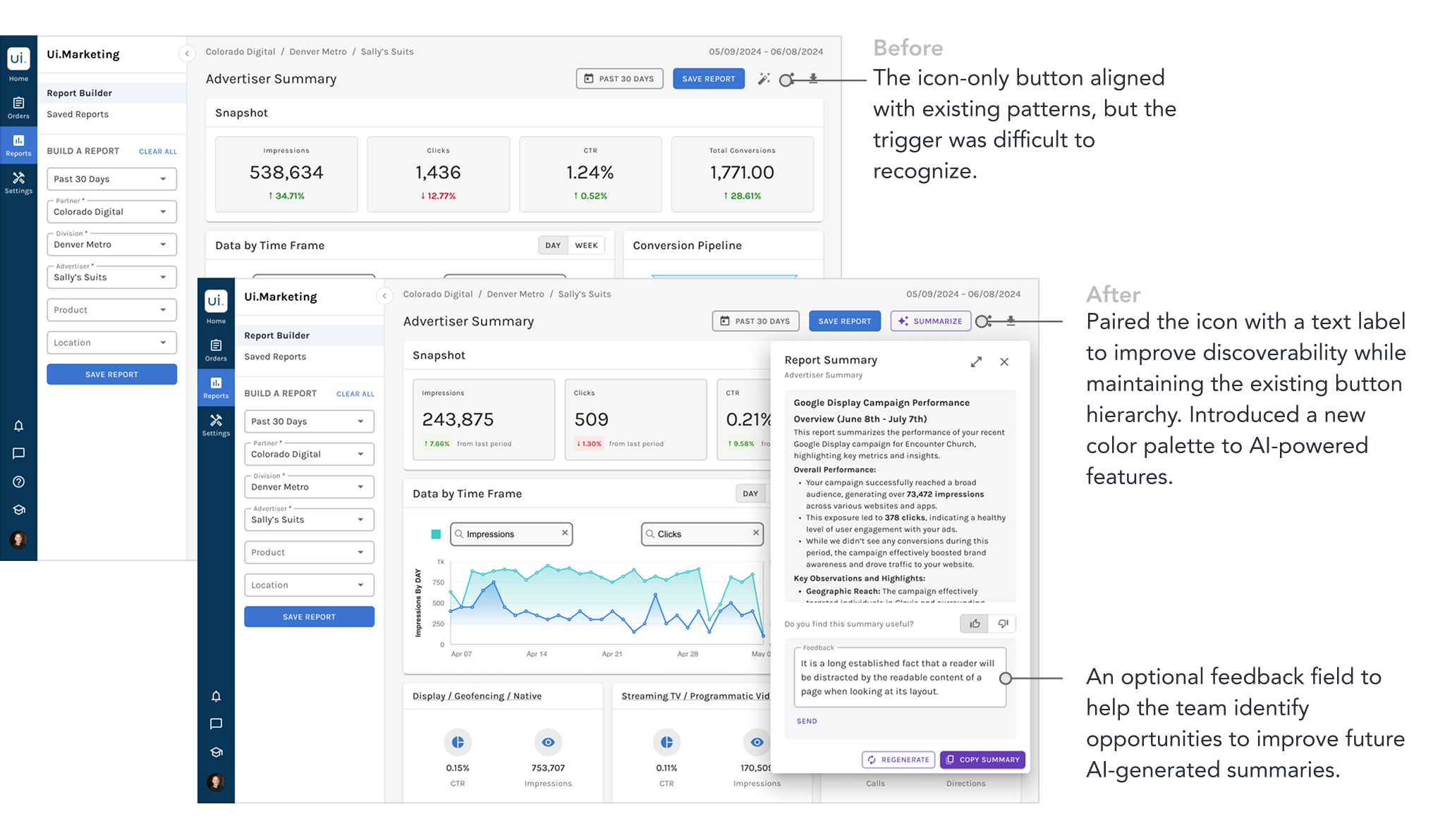 Before and after comparison of the summary trigger button, from icon-only to icon with text label