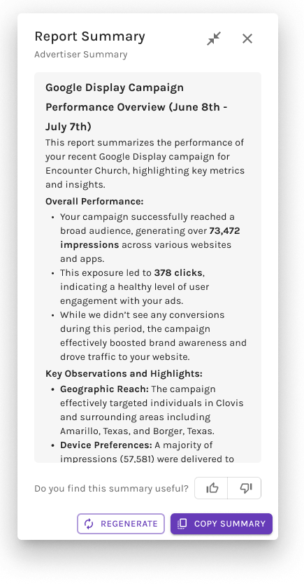 Expanded state of the summary window.