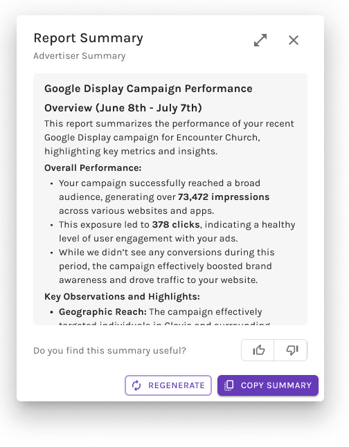 Generated state of the summary window.