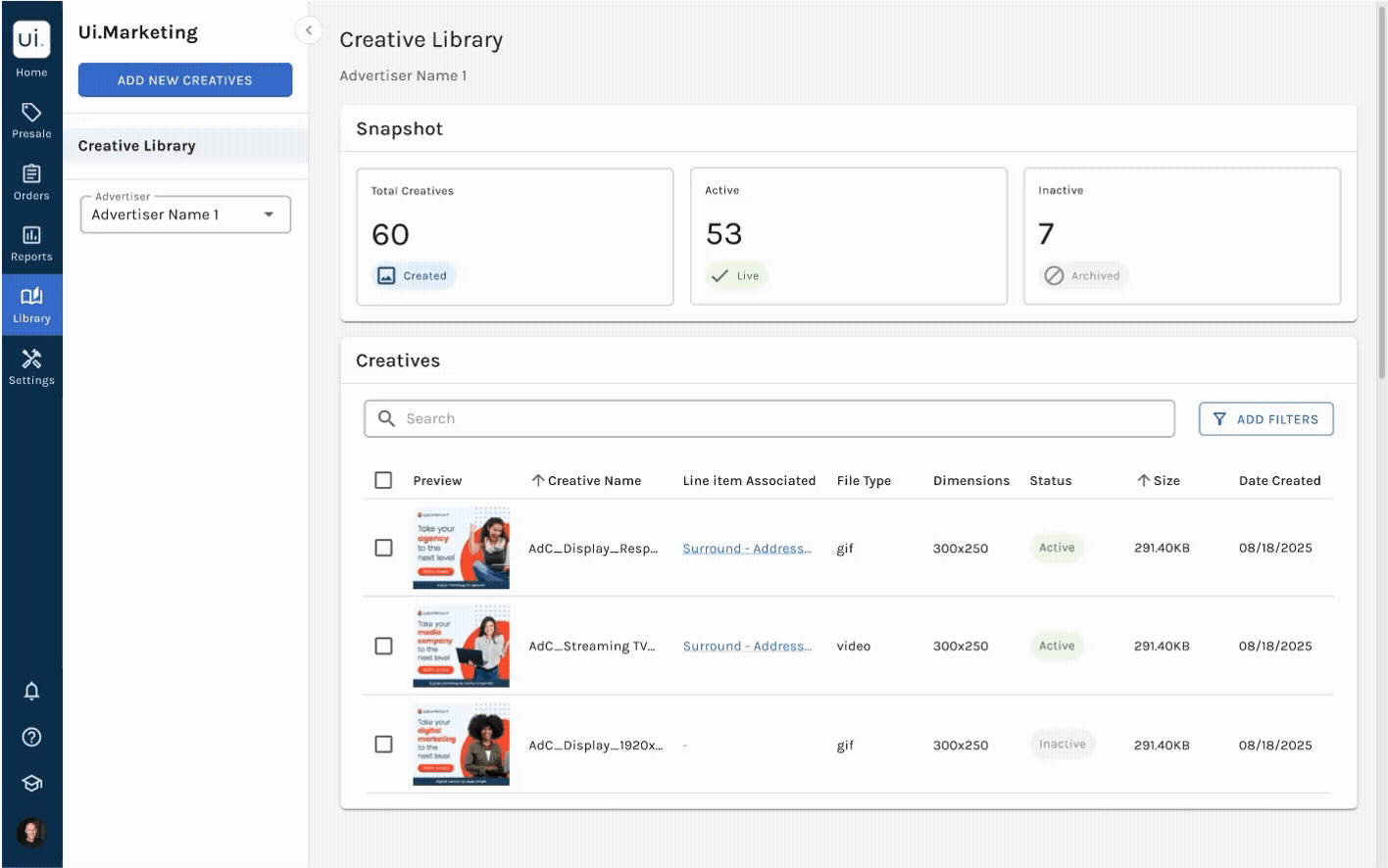 Creative Library list view where creatives can be selected for bulk actions such as download and removal