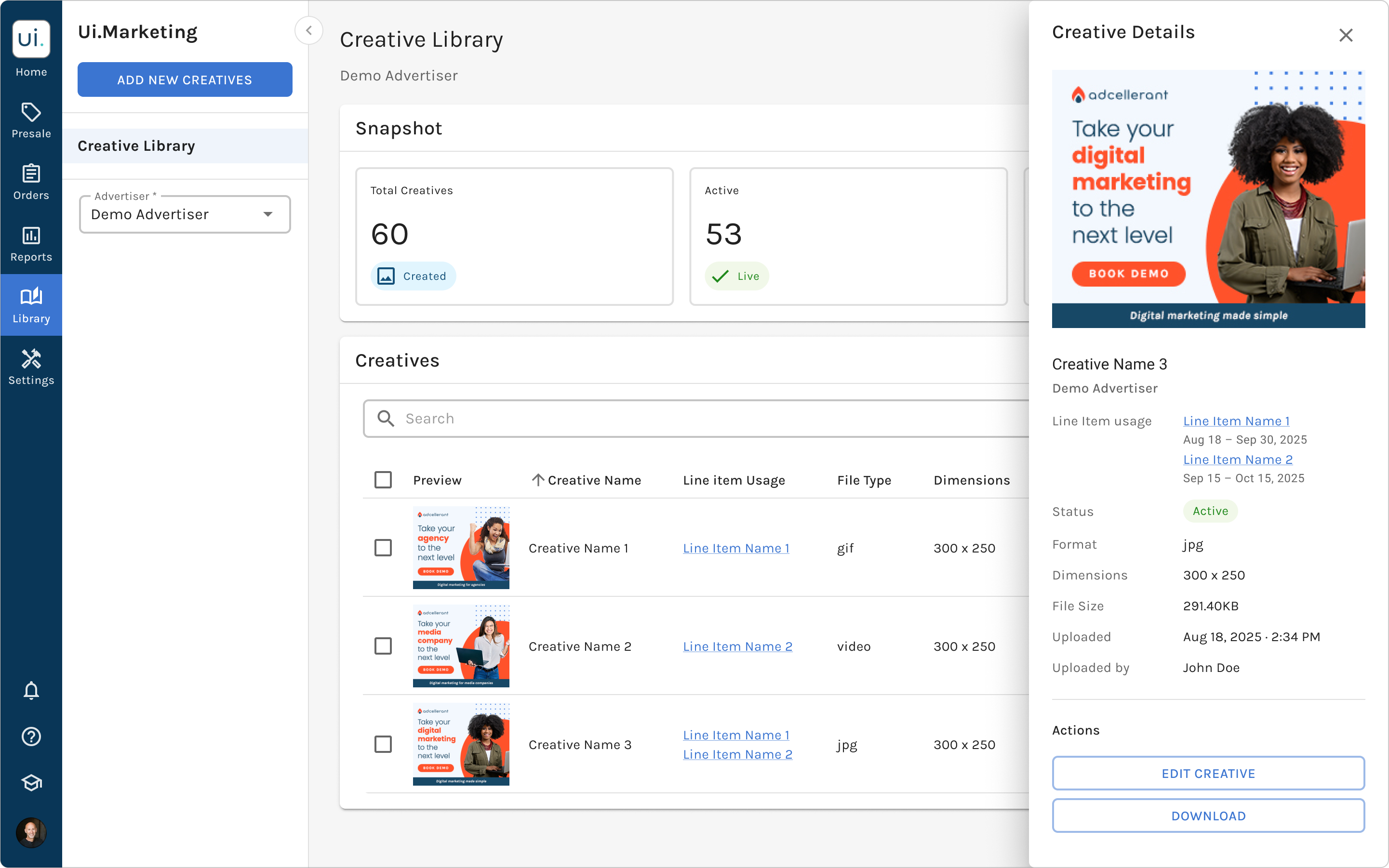 Creative Library with the Creative Details panel open, showing the asset preview, line item usage, and asset metadata