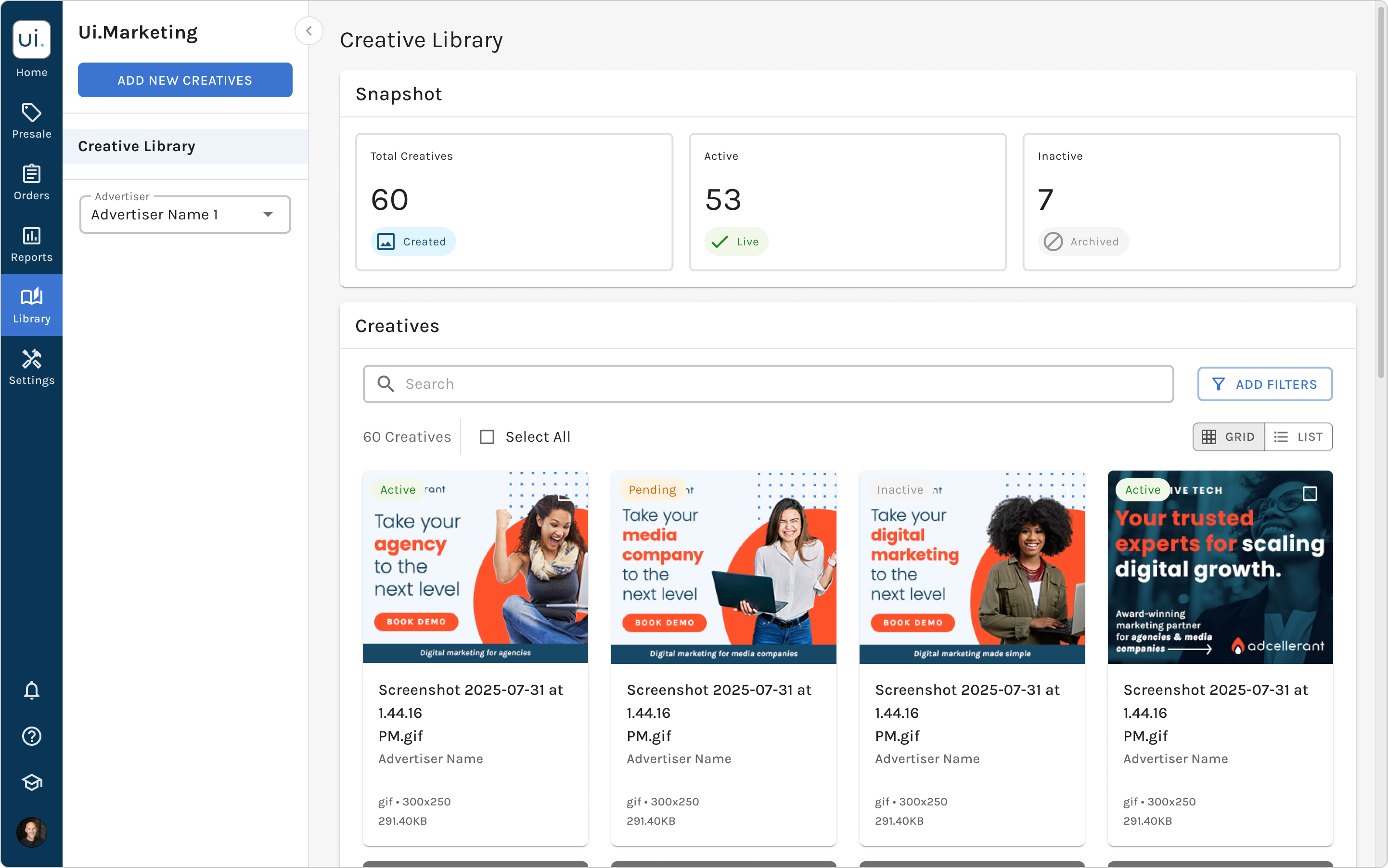 Option 1, grid view: the Creative Library showing creatives as a grid of preview thumbnails