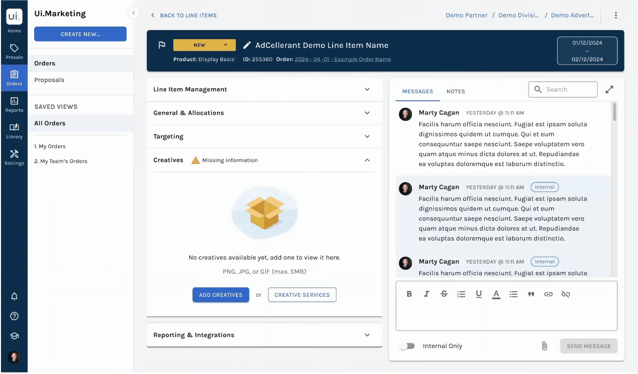 Line item detail view with a creative upload panel and internal messaging thread