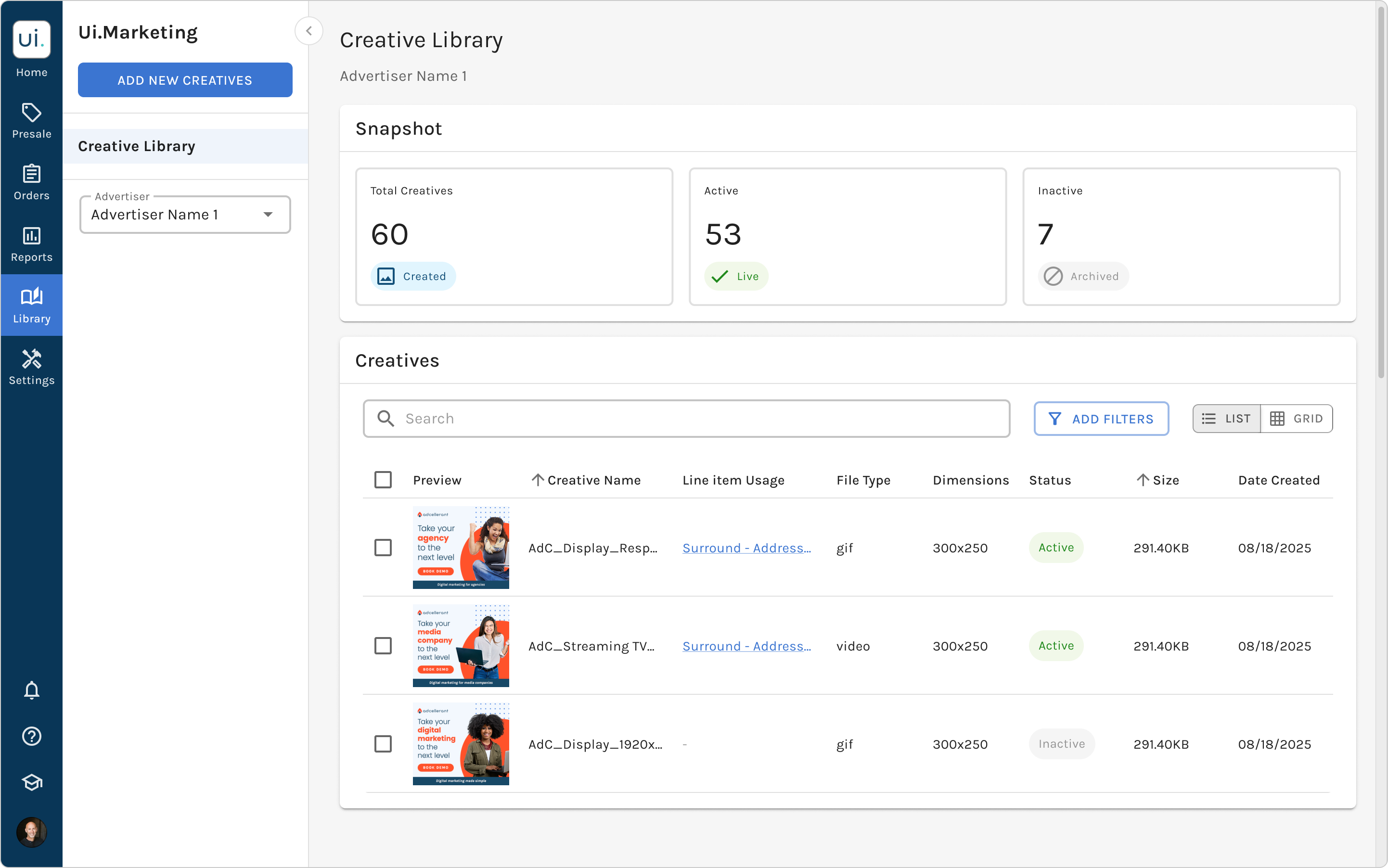 Option 2, list view: the Creative Library showing creative name, advertiser, line item usage, file type, dimensions, and status columns with a filter panel open