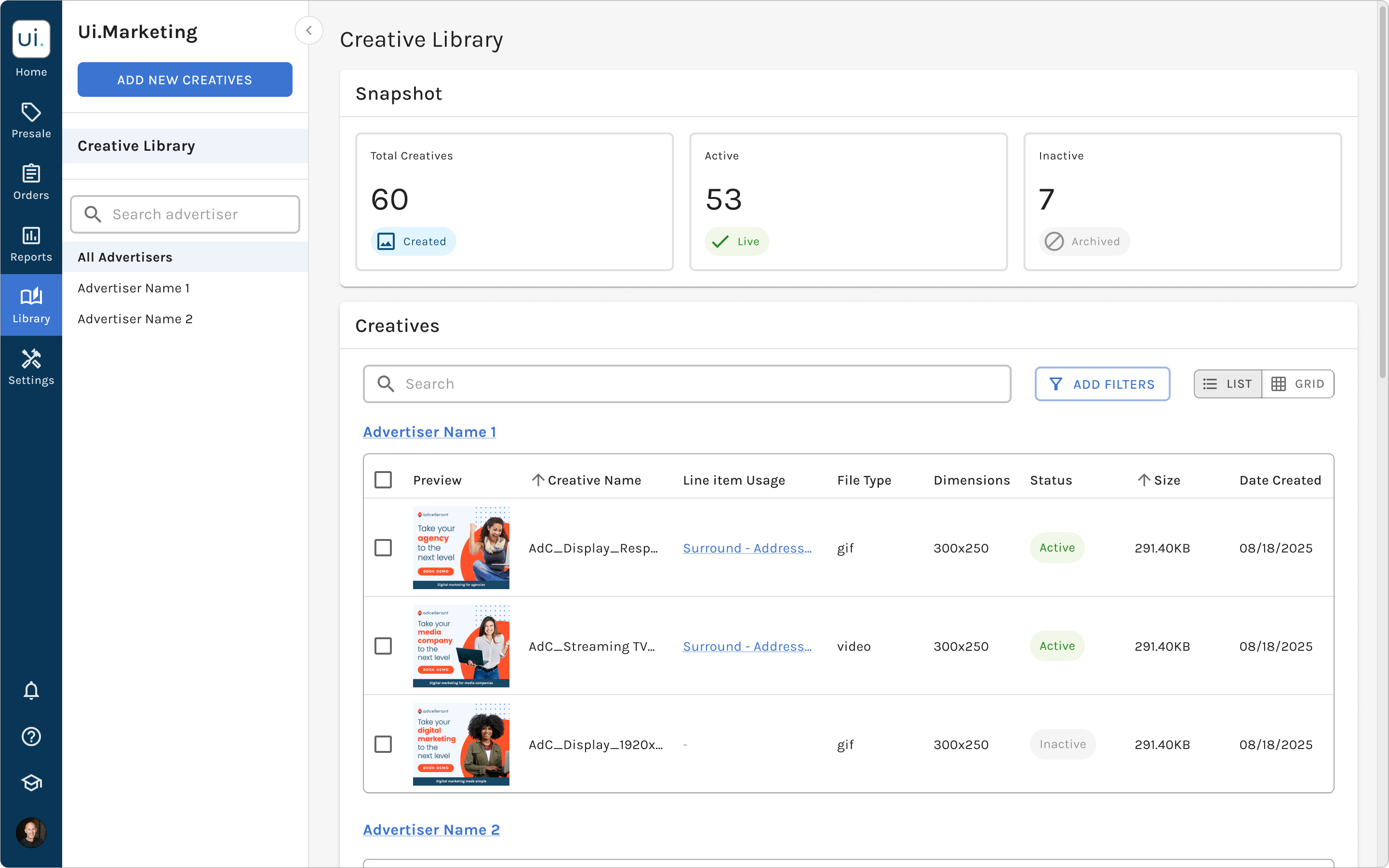 Option 1, group by advertiser: the Creative Library with advertisers listed in the side panel and creatives grouped beneath each one