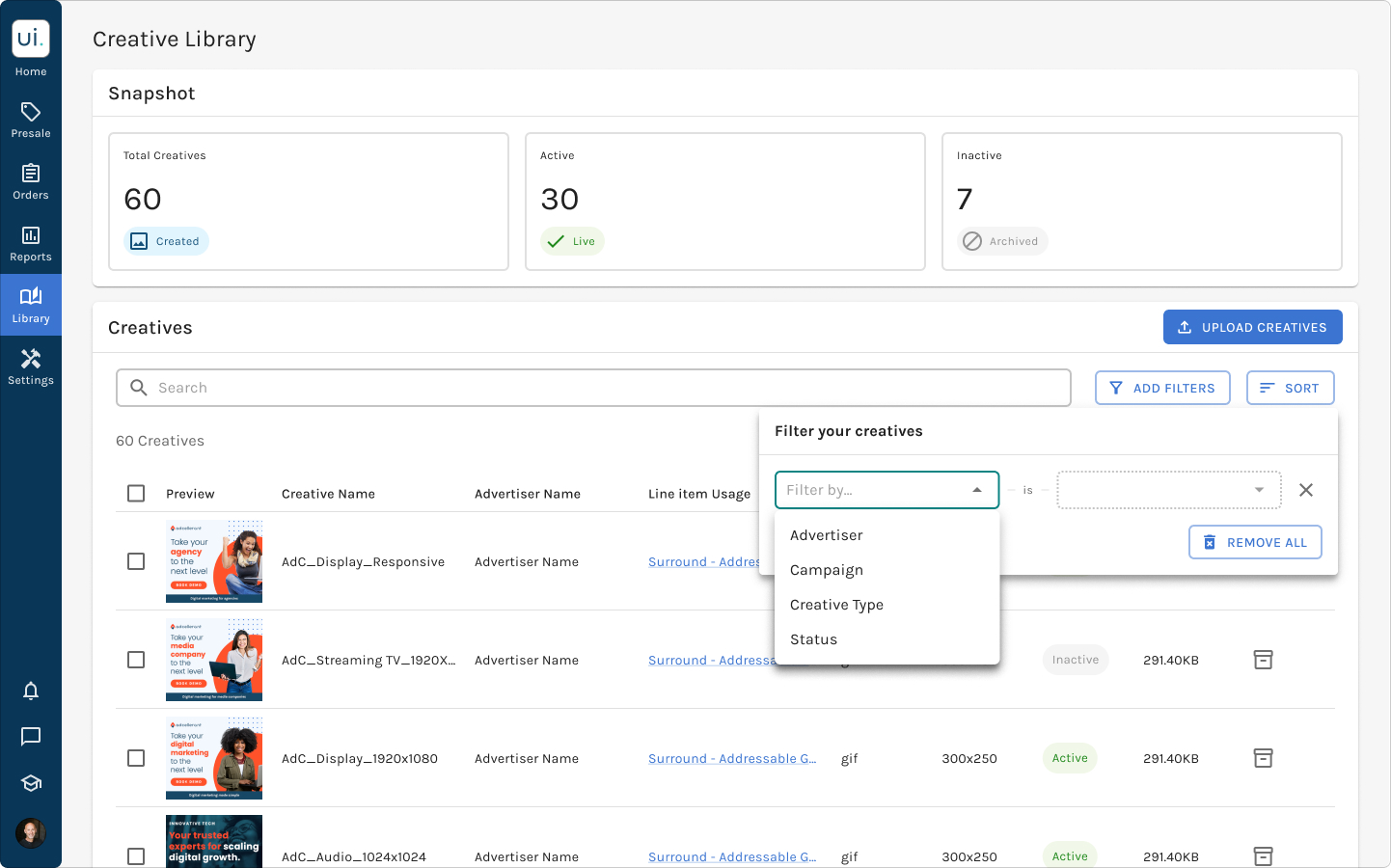 Option 2, filter by advertiser: the Creative Library as one list, with a filter dropdown for narrowing by advertiser, campaign, creative type or status