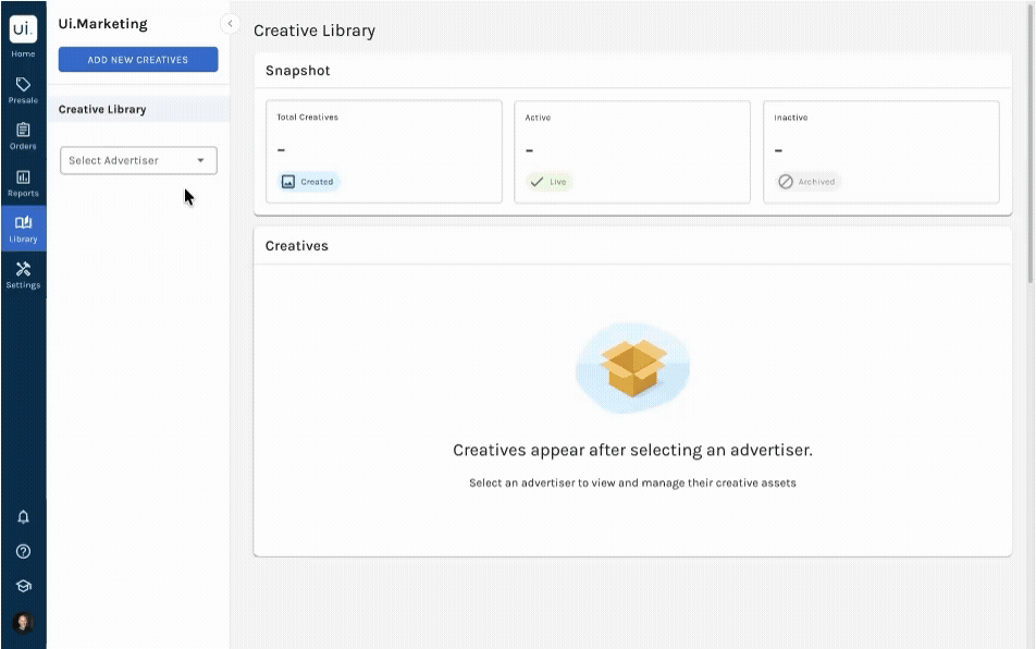 Option 3, navigate by advertiser: an empty state prompting users to select an advertiser before creatives appear