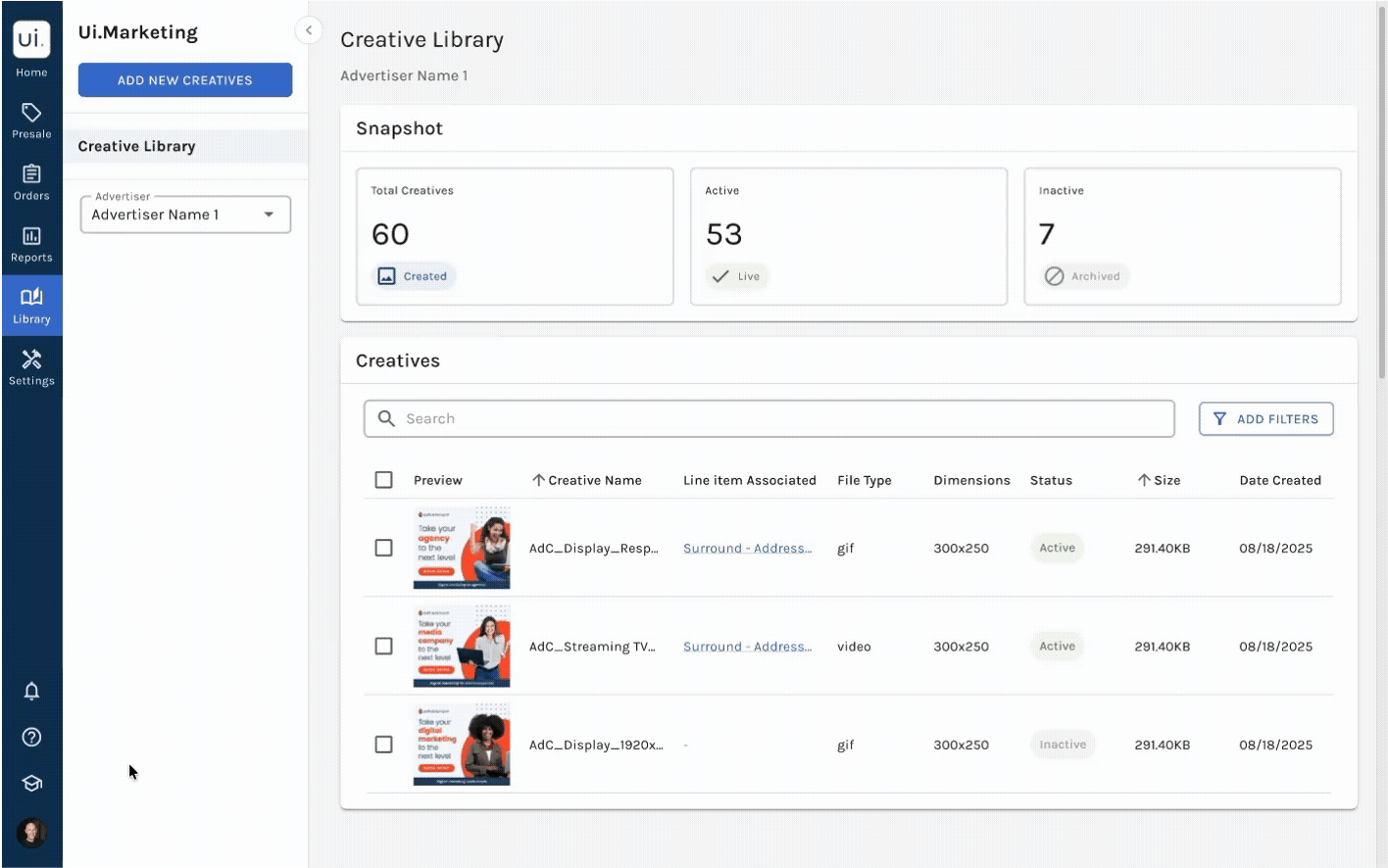 Creative Library upload flow showing multiple files being reviewed before adding them to the library