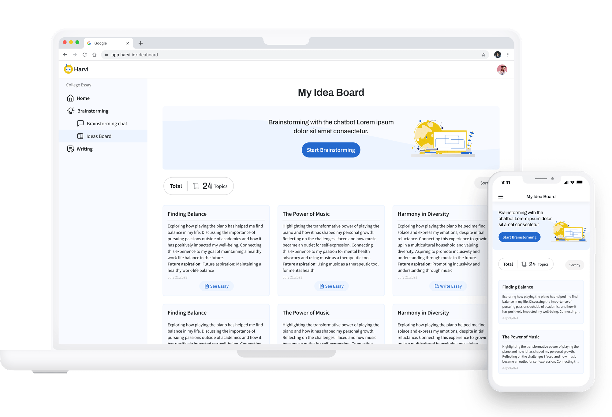 Harvi platform overview showing the essay idea board on desktop and mobile