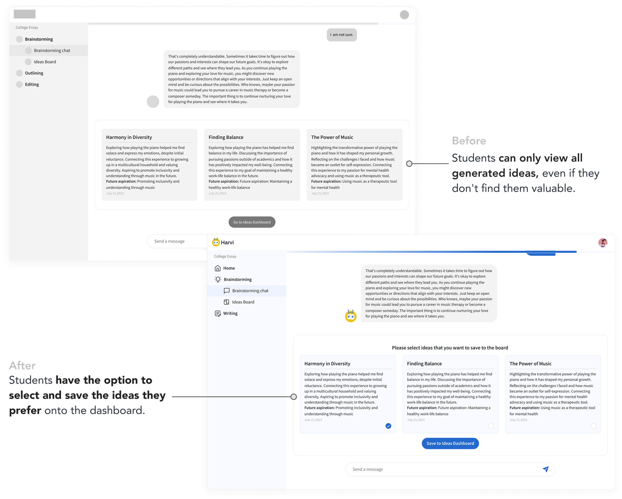 Before and after comparison: viewing all generated ideas versus selecting which ideas to save
