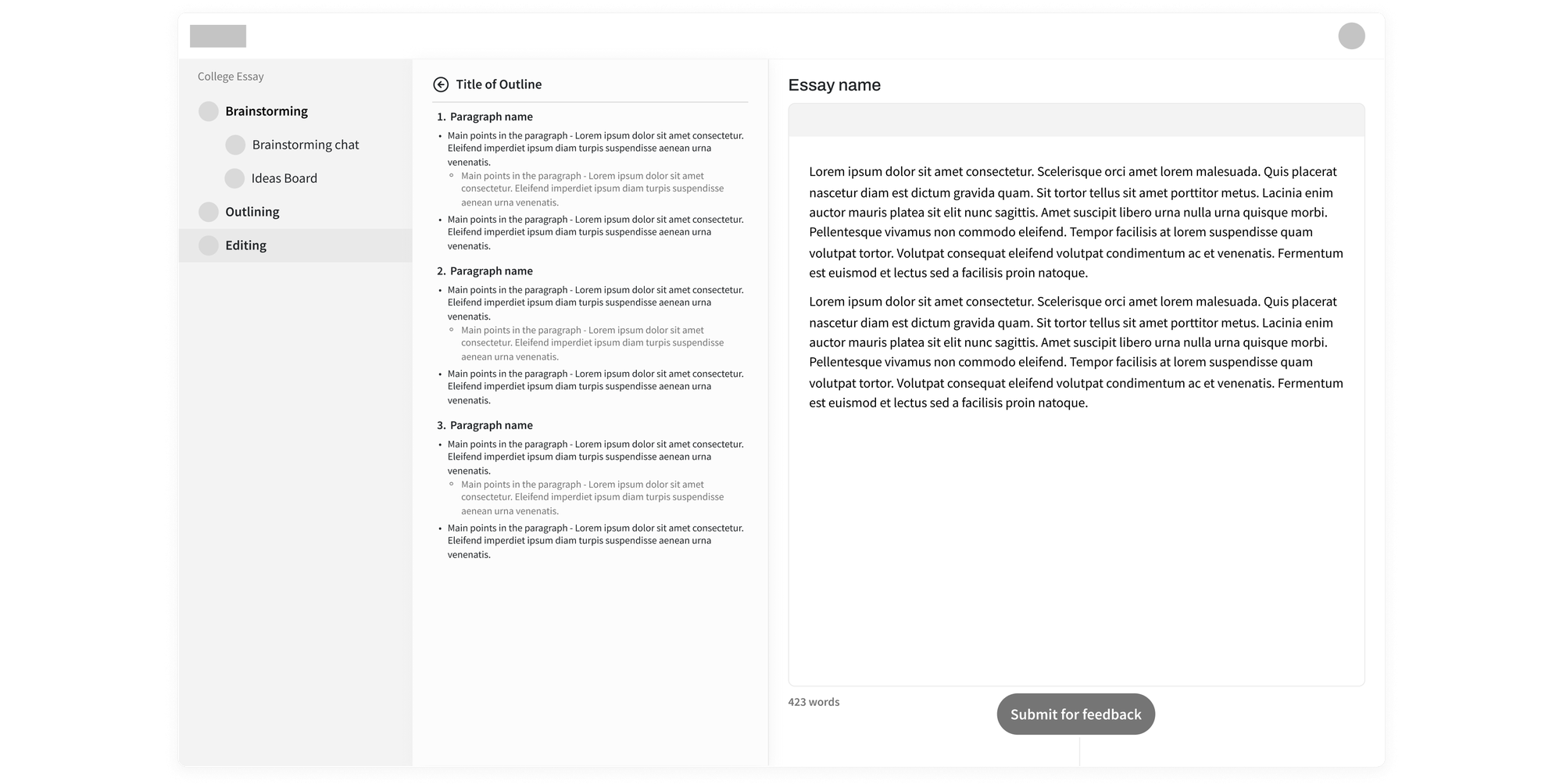 Lo-fi wireframe combining the outline and writing screens