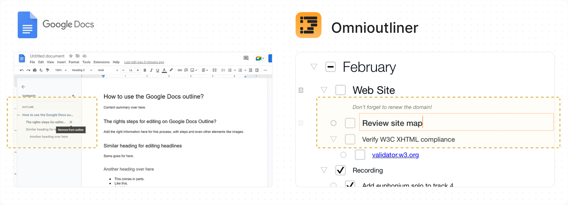 Competitive analysis of Google Docs and Omnioutliner outline hover interactions
