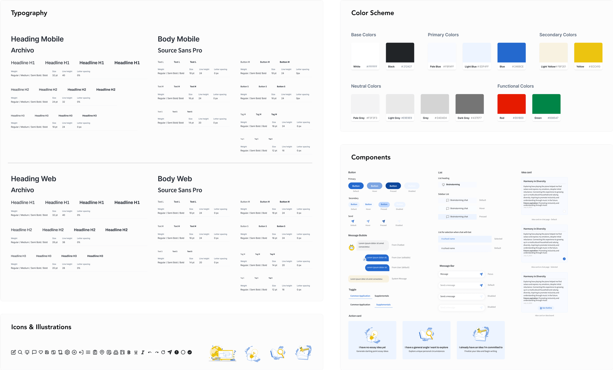 Design system covering typography, color scheme, components, and icons