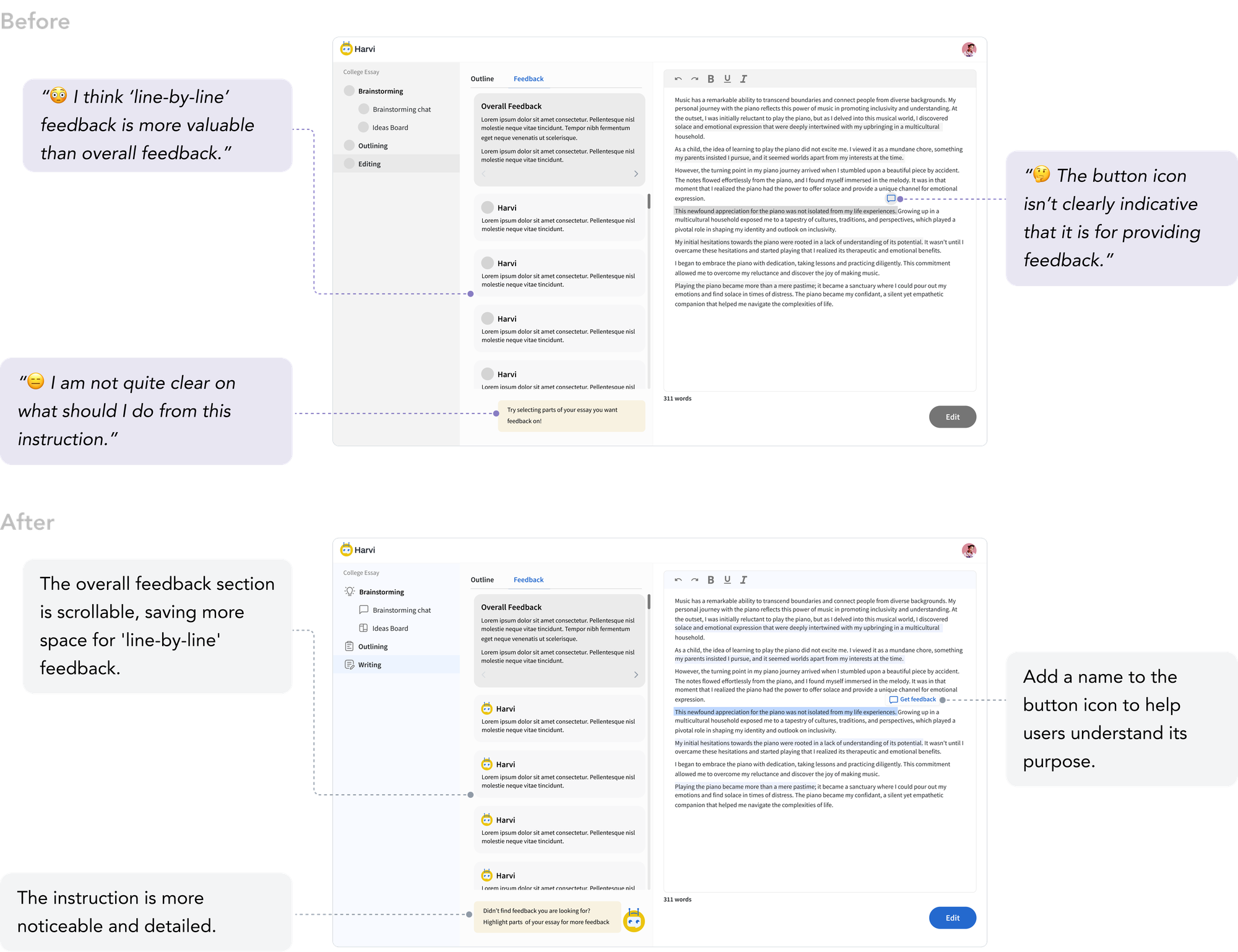 Before and after comparison of the feedback panel, adding a scrollable overall feedback section and labeled button